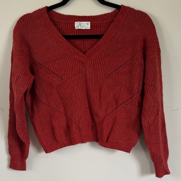 Poof Apparel Sweaters - Rust V-Neck Cropped Textured Sweater Puff Sleeve Cozy Soft Knit Small